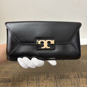 Tory Burch Black Textured Patent Leather Gigi Clutch Bag Gold-tone Logo 10x5"